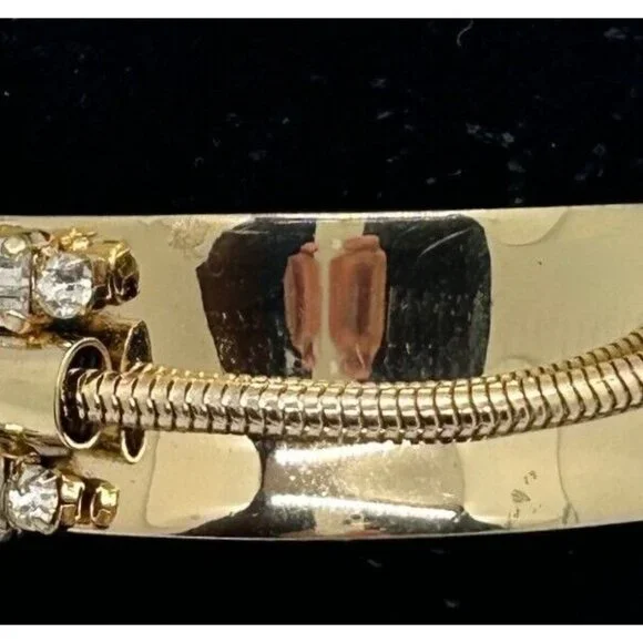 Gold-tone Cuff Bracelet Art Deco Style with Mirror Finish Crystal Baguettes - Picture 10 of 11